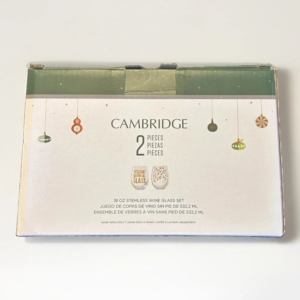 Cambridge Holiday Survival Glass 18 oz Stemless Wine Glass Set 2pc Christmas